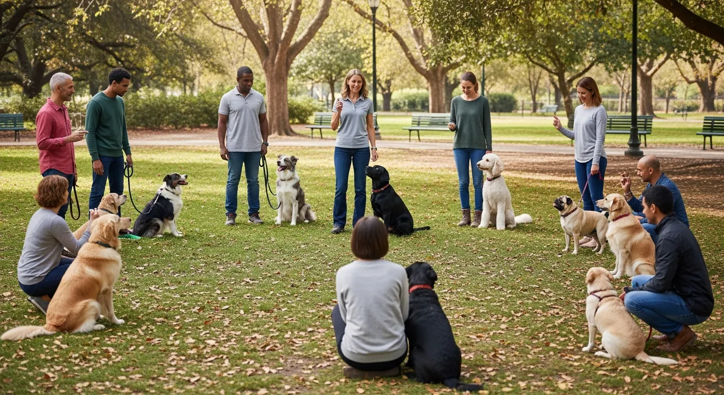 Dogs and owners practicing commands together in group training class